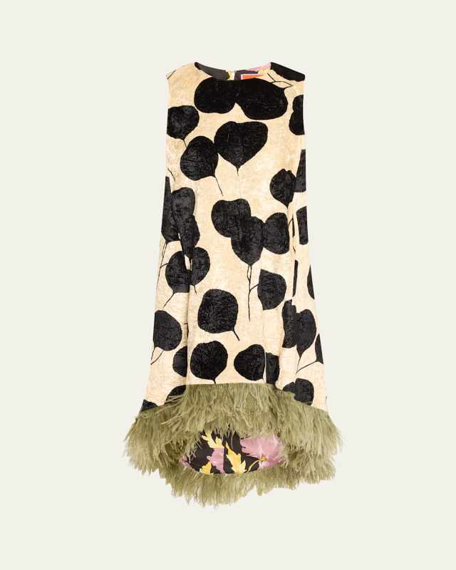 La Scala Floral Velvet Feather Trim High-Low Dress